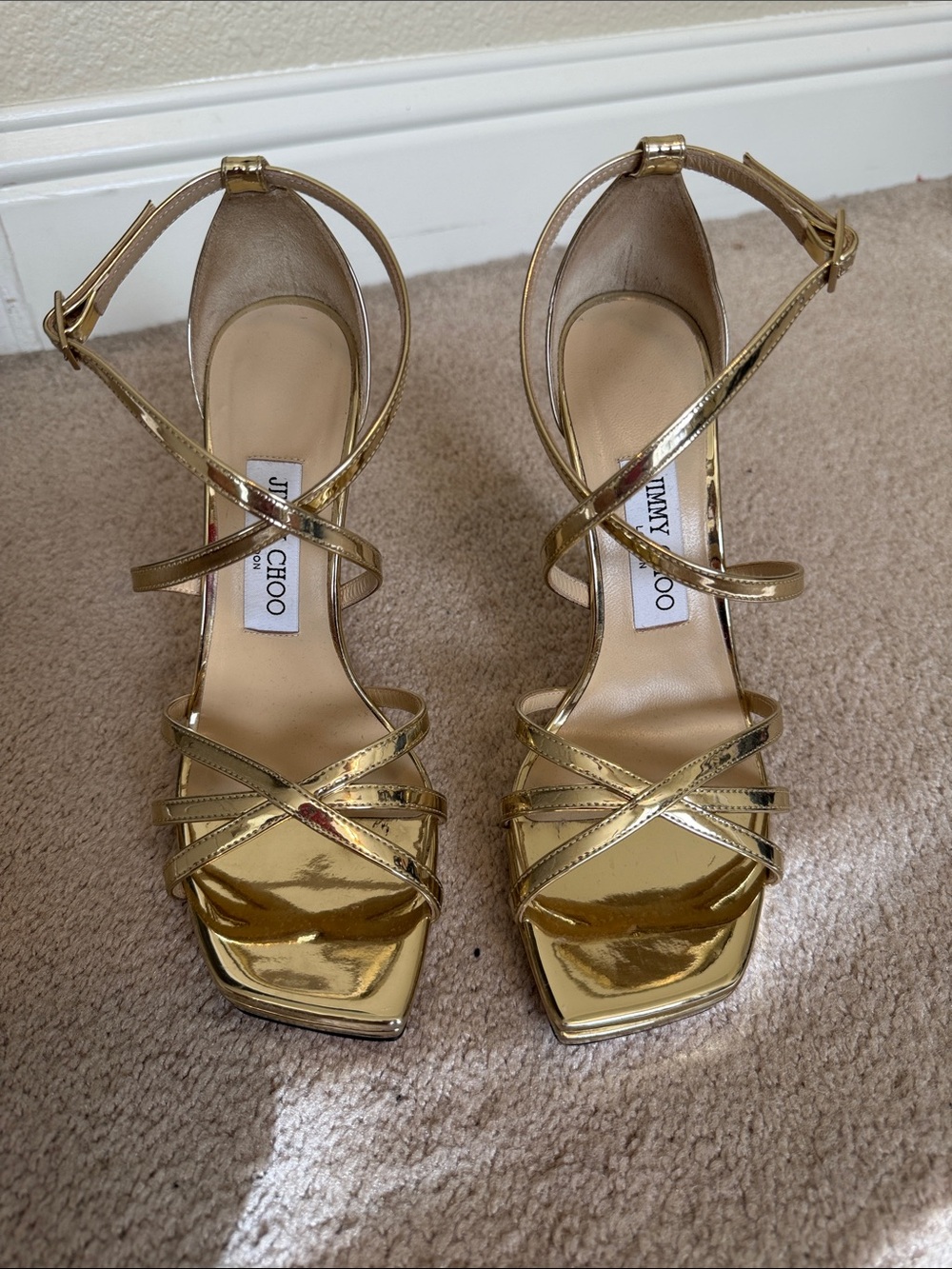 Jimmy Choo Metallic Gold Strappy Ankle-Heel Sandals